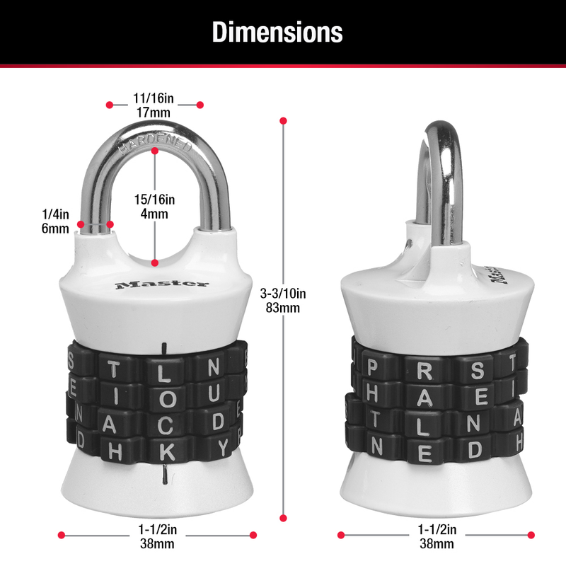 WORD Combination Lock, Assorted Colors, 1-1/2 in Wide