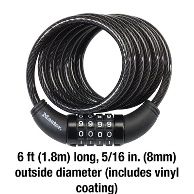 Combination Braided Steel Cable Lock, 6 ft x 5/16 in