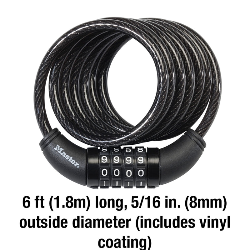 Combination Braided Steel Cable Lock, 6 ft x 5/16 in