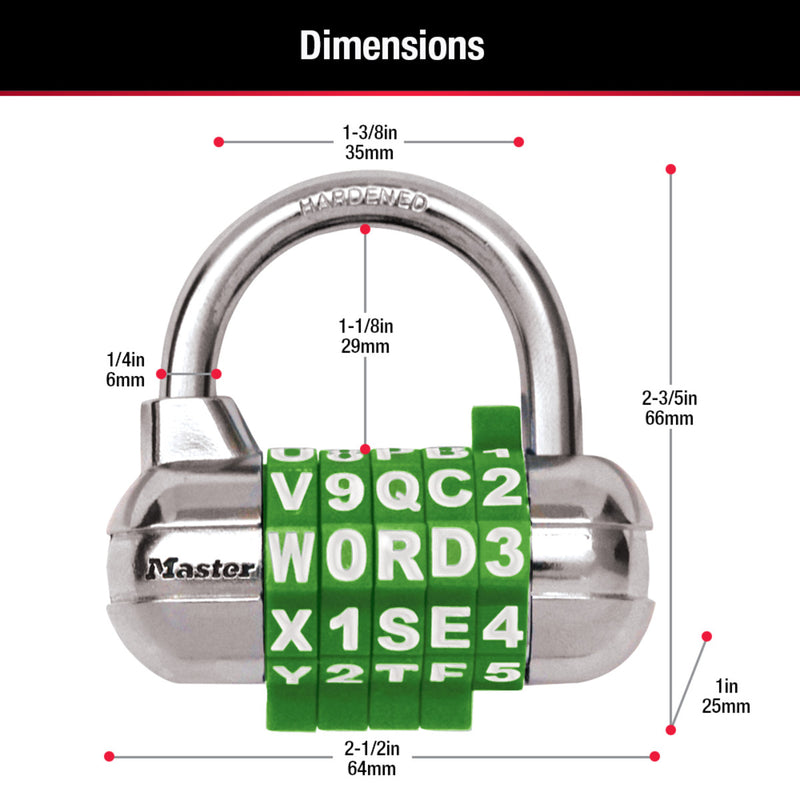 WORD Combination Lock with Interchangeable Dials, Assorted Colors, 2-1/2 in Wide