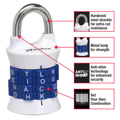 WORD Combination Lock, Assorted Colors, 1-1/2 in Wide