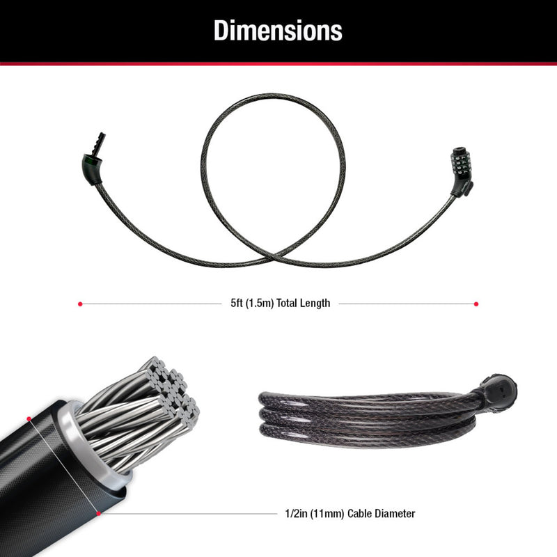 Combination Braided Steel Cable Lock, 5 ft x 1/2 in
