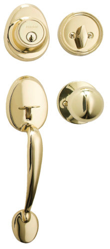 Handleset w/Biscuit Style Knob Interior and Single Cylinder Deadbolt; Polished Brass