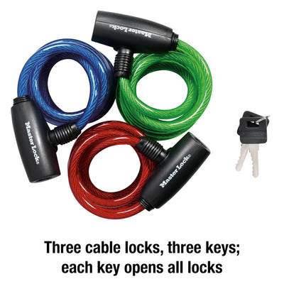 Keyed Braided Steel Cable Lock, 6 ft x 5/16 in, Assorted Colors, 3-Pack