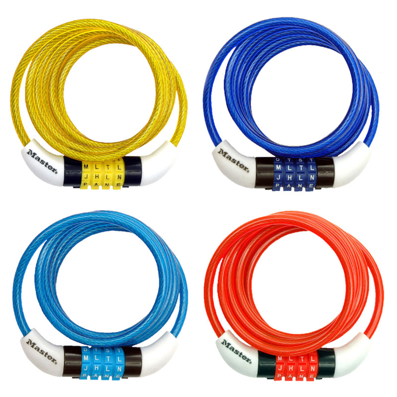 Combination Braided Steel Cable Lock, Assorted Colors, 5 ft x 1/4 in