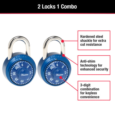 Standard Dial Combination Lock Locker Lock, Assorted Colors, 1-9/16 in Wide, 2-Pack
