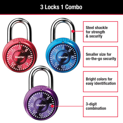Standard Dial Combination Lock Locker Lock, Assorted Colors, 1-9/16 in Wide, 3-Pack