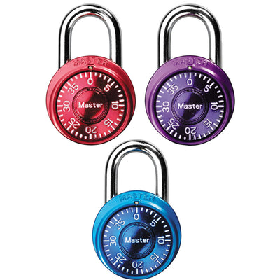 Standard Dial Combination Lock Locker Lock, Assorted Colors, 1-9/16 in Wide, 3-Pack