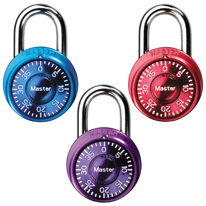 Standard Dial Combination Lock Locker Lock, Assorted Colors, 1-9/16 in Wide, 3-Pack