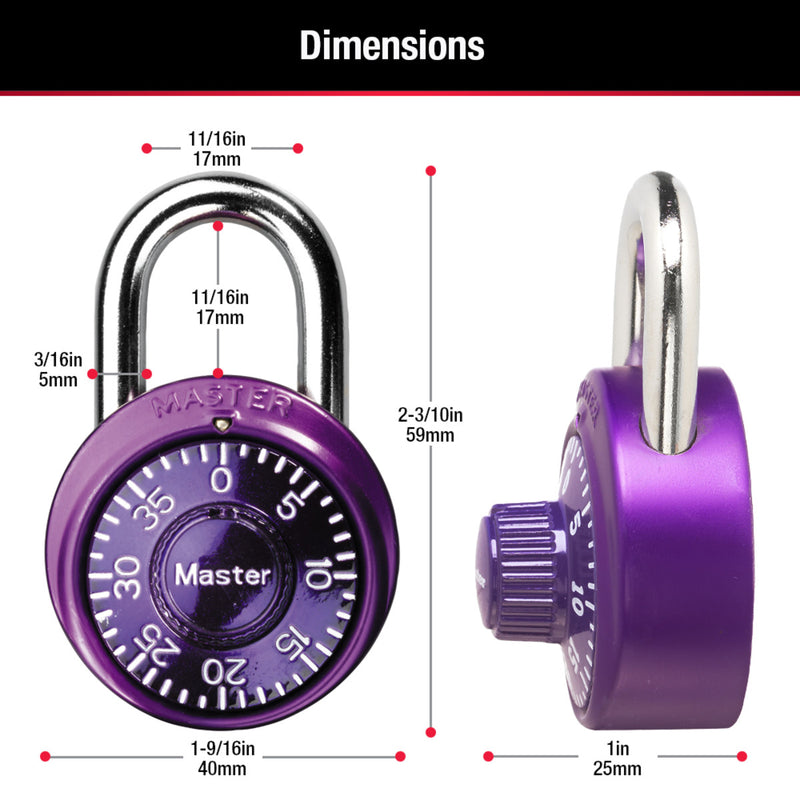 Standard Dial Combination Lock Locker Lock, Assorted Colors, 1-9/16 in Wide, 3-Pack