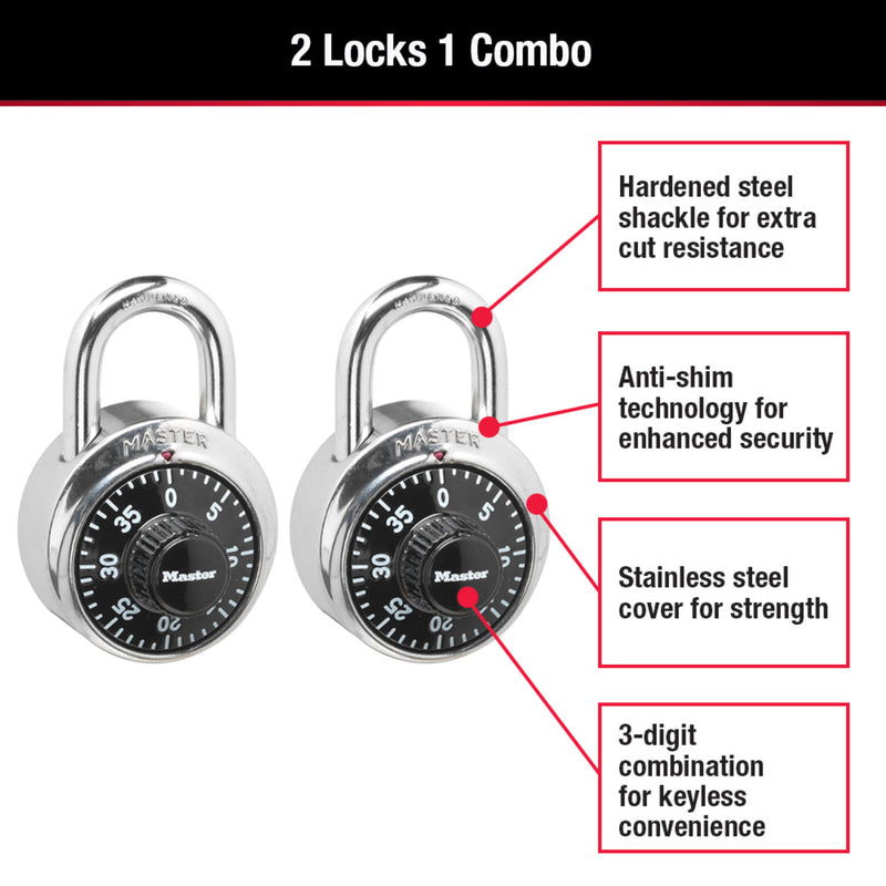 Standard Dial Combination Lock, 1-7/8 in Wide - 2-Pack
