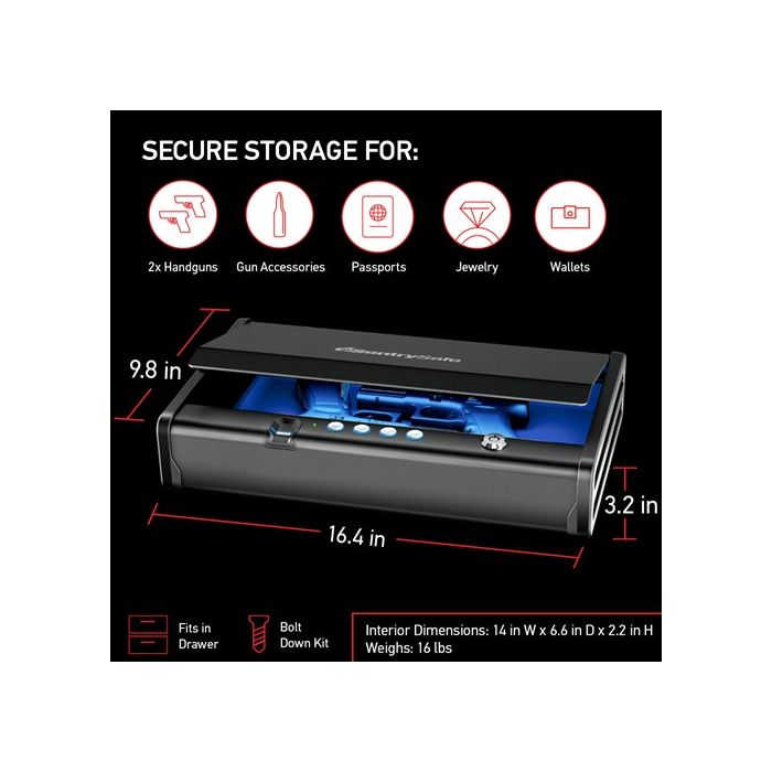 QAP2BLX XL Quick Access Biometric Pistol Safe with Lights